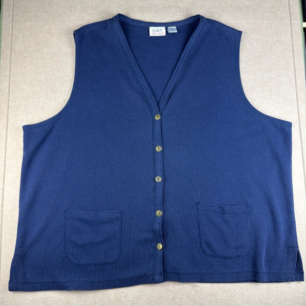 Vintage CST Studio Womens Sweater Vest 4X Blue Button Front Pockets Taiwan
